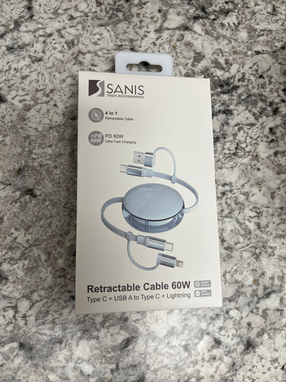 60w USB+type c to type c+ lighting retractable cable