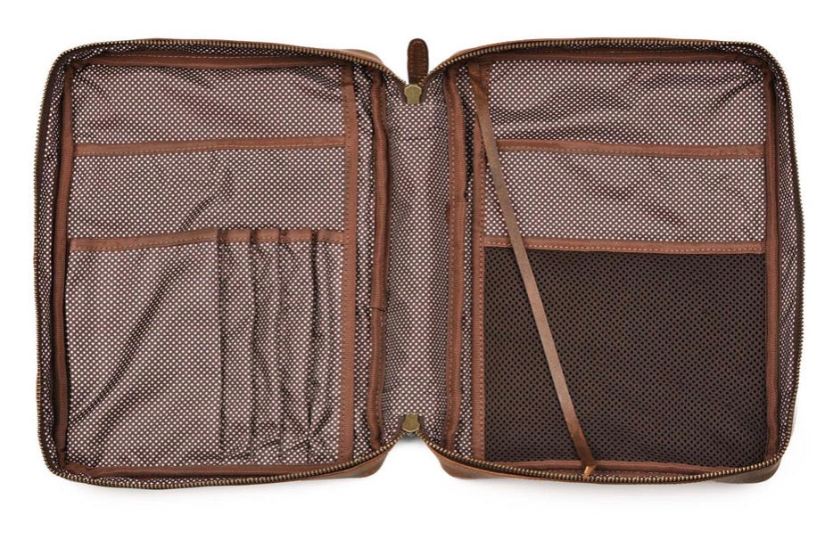 11 INCH BROWN LEATHER BIBLE COVER W/INTERNAL COMPARTMENTS & HANDLE