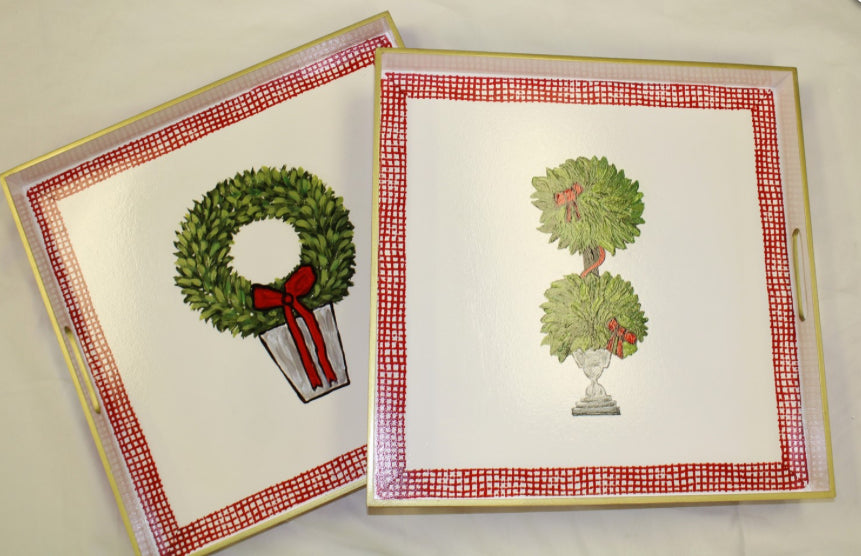 18x18" Handpainted Wood Trays Topiary