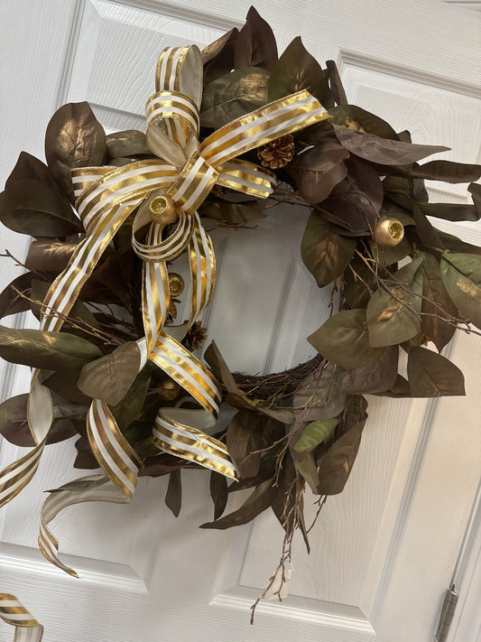 Magnolia leaf wreath with gold brushed, pinecones wreath only