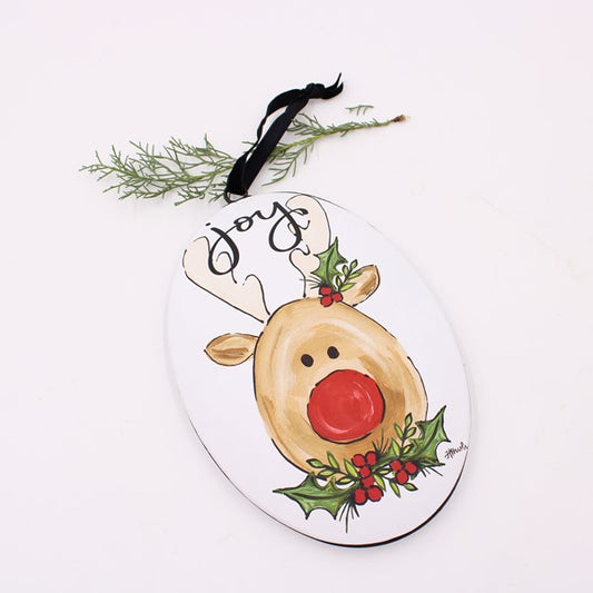 Oval metal disc reindeer ornament