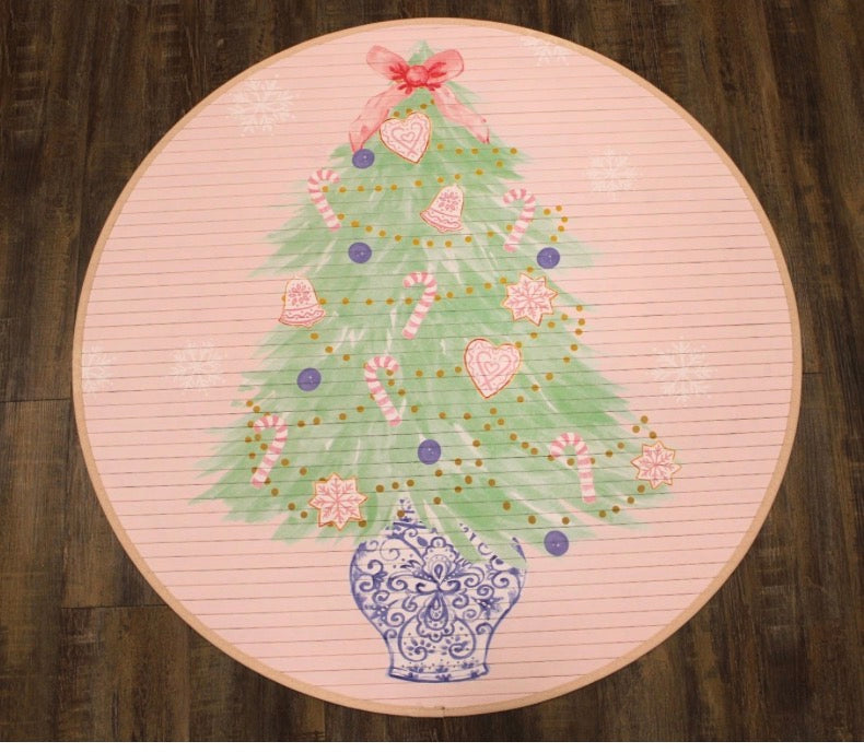 35" Round Bamboo Mat, Tree with Pink Hearts & Bow, Chinoiserie Pot