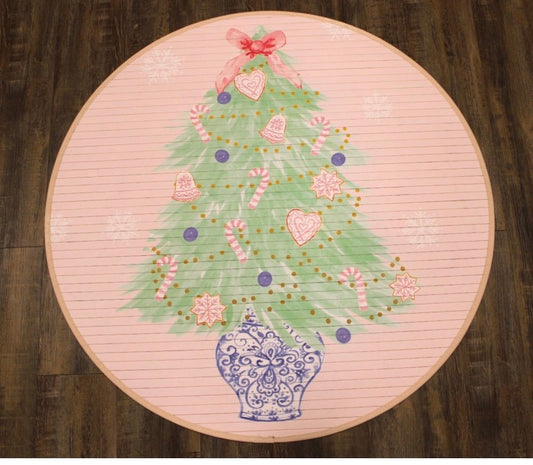 35" Bamboo Mat, Tree Pink Hearts & Bow, Chinoiserie Pot