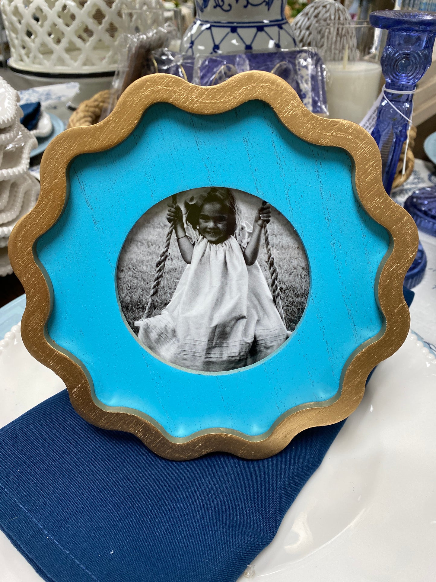 Wood scalloped turquoise and gold frame
