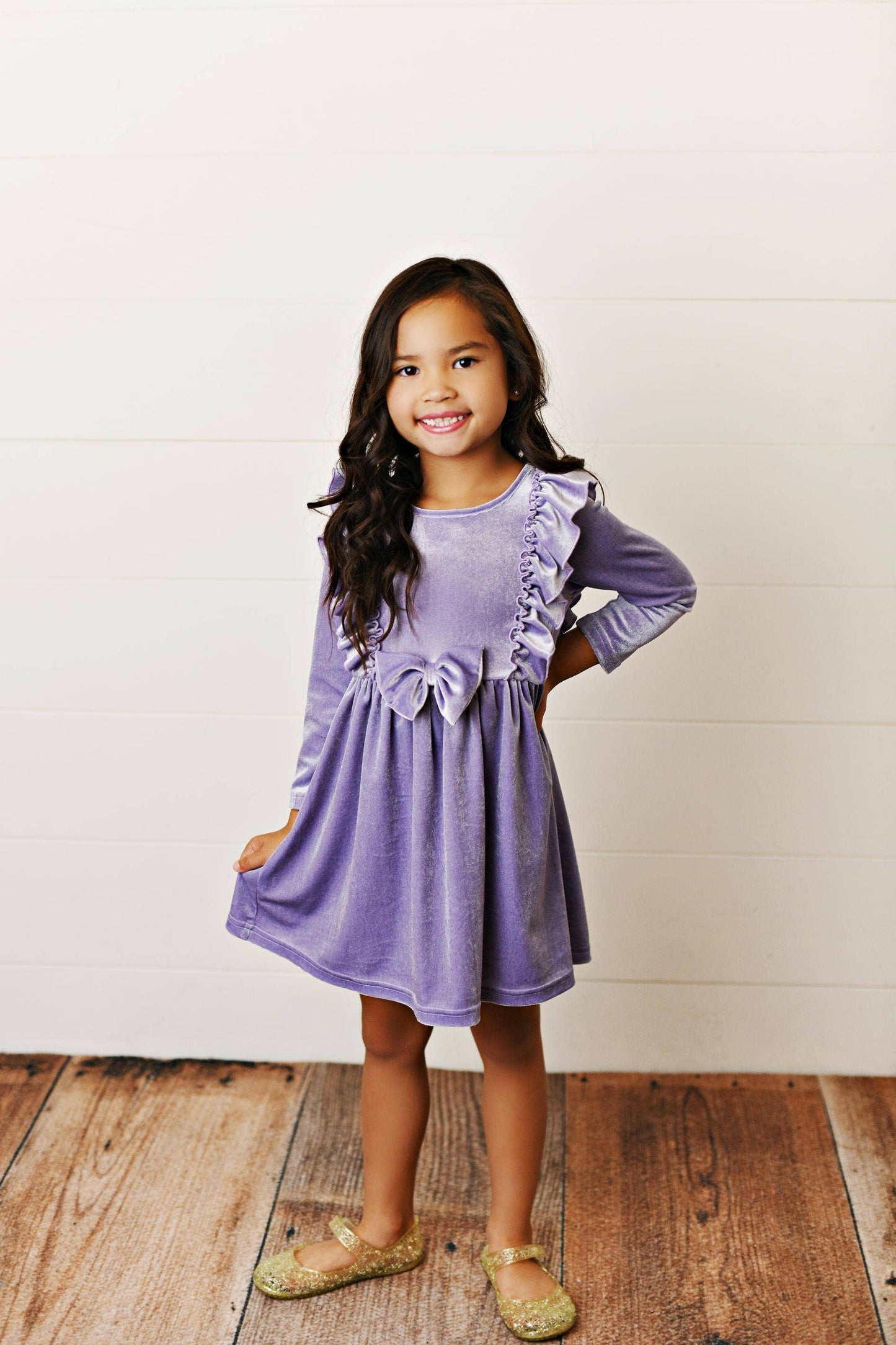 Kids Lavender Velvet bow Ruffle Fancy Holiday Party Dress