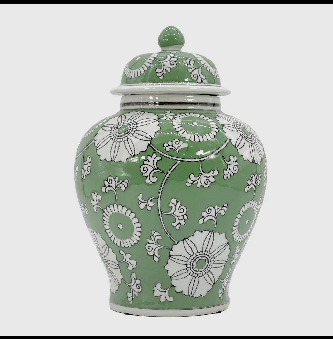 Green and white ceramic chinoiserie ginger jar