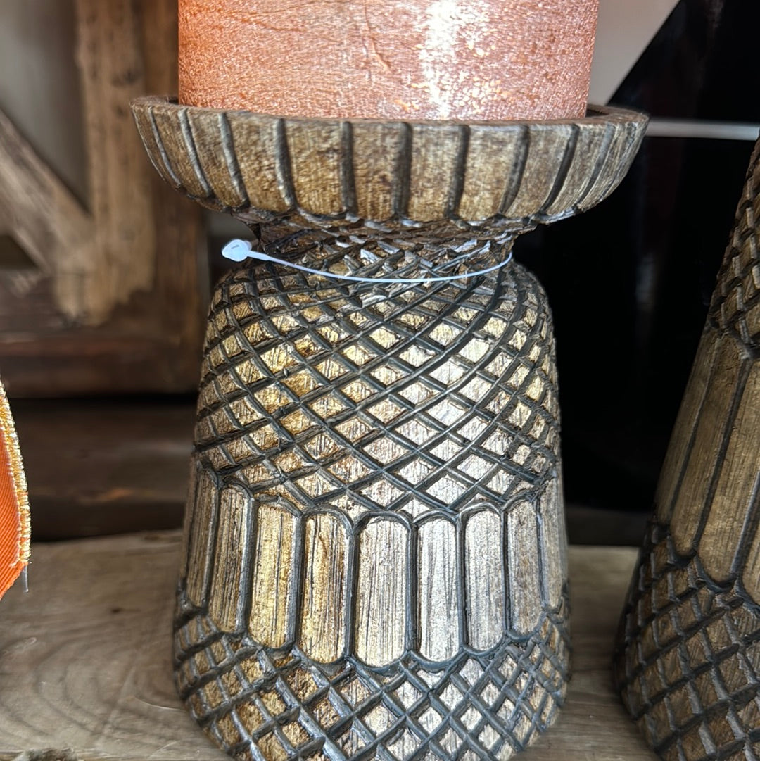 Acorn carved pillar candle holders