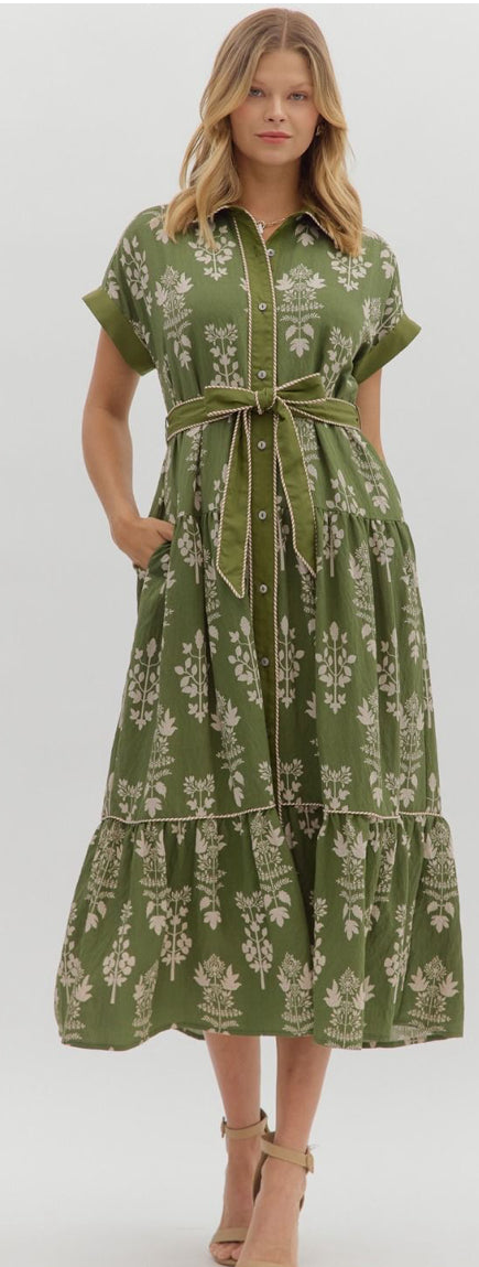 Botanical pattern faux roll-up sleeve band midi dress