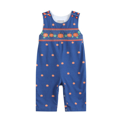 Blue Pumpkin Print Knit Smocked Overalls