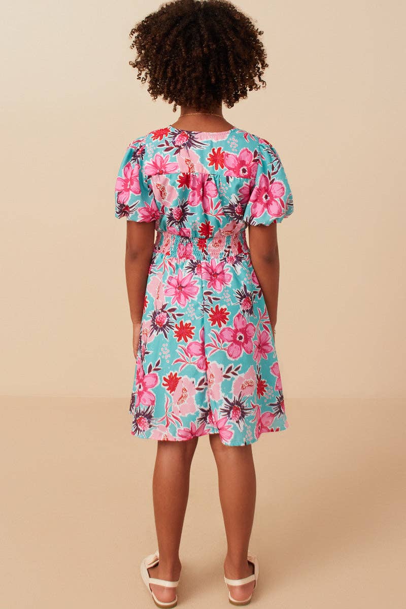 Girls Floral Print Smocked Waist Button Detail Dress