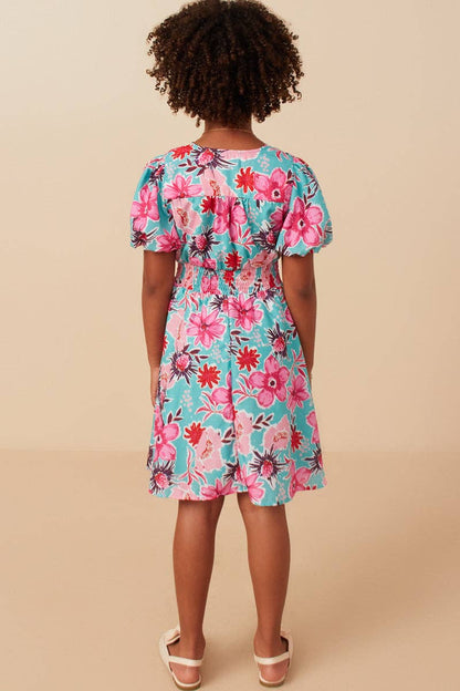 Girls Floral Print Smocked Waist Button Detail Dress