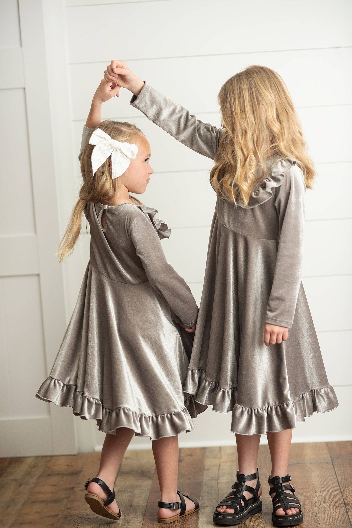 Kids Gray Silver Velvet Ruffle Fancy Christmas Party Dress