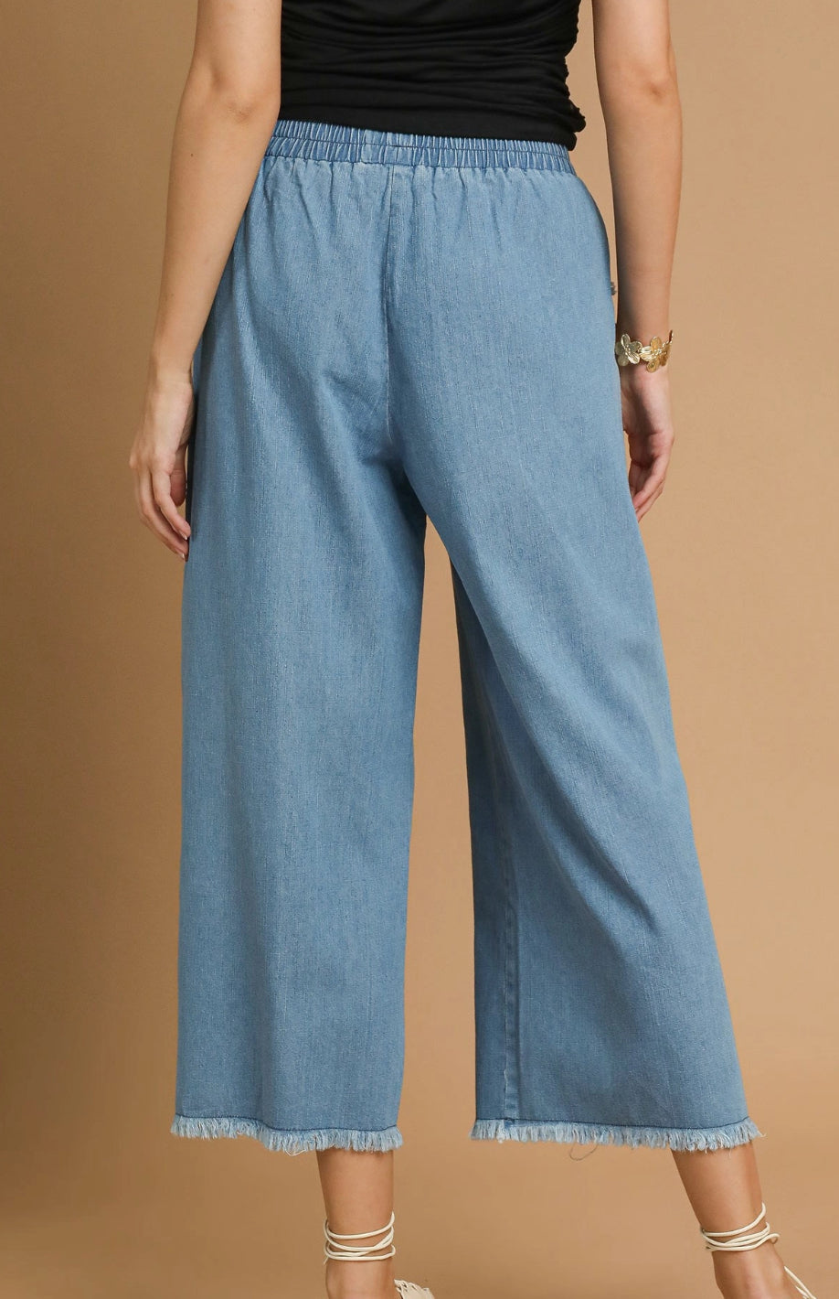 Light denim Washed Denim Pants with Fringe Hem