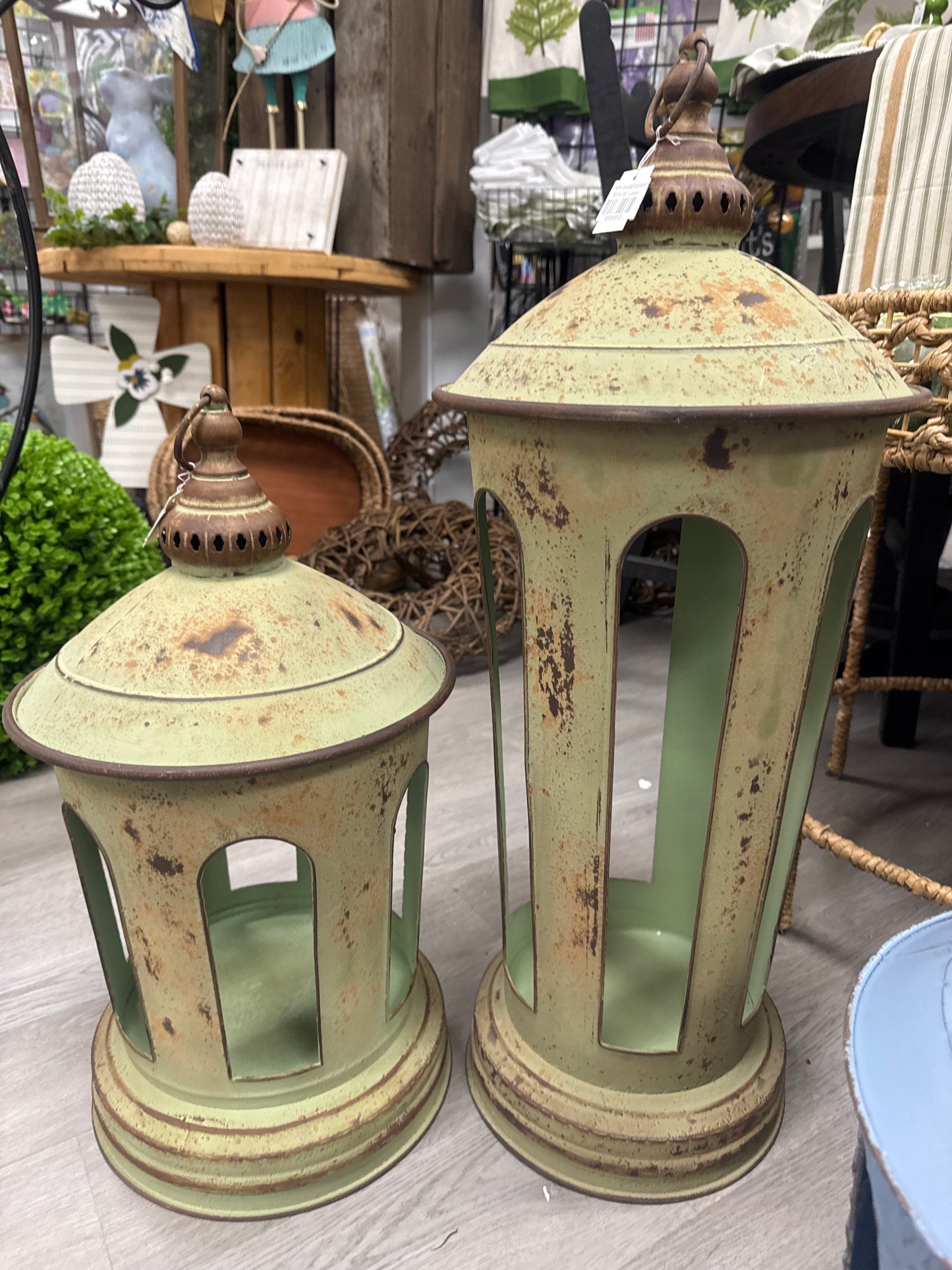Green metal lanterns