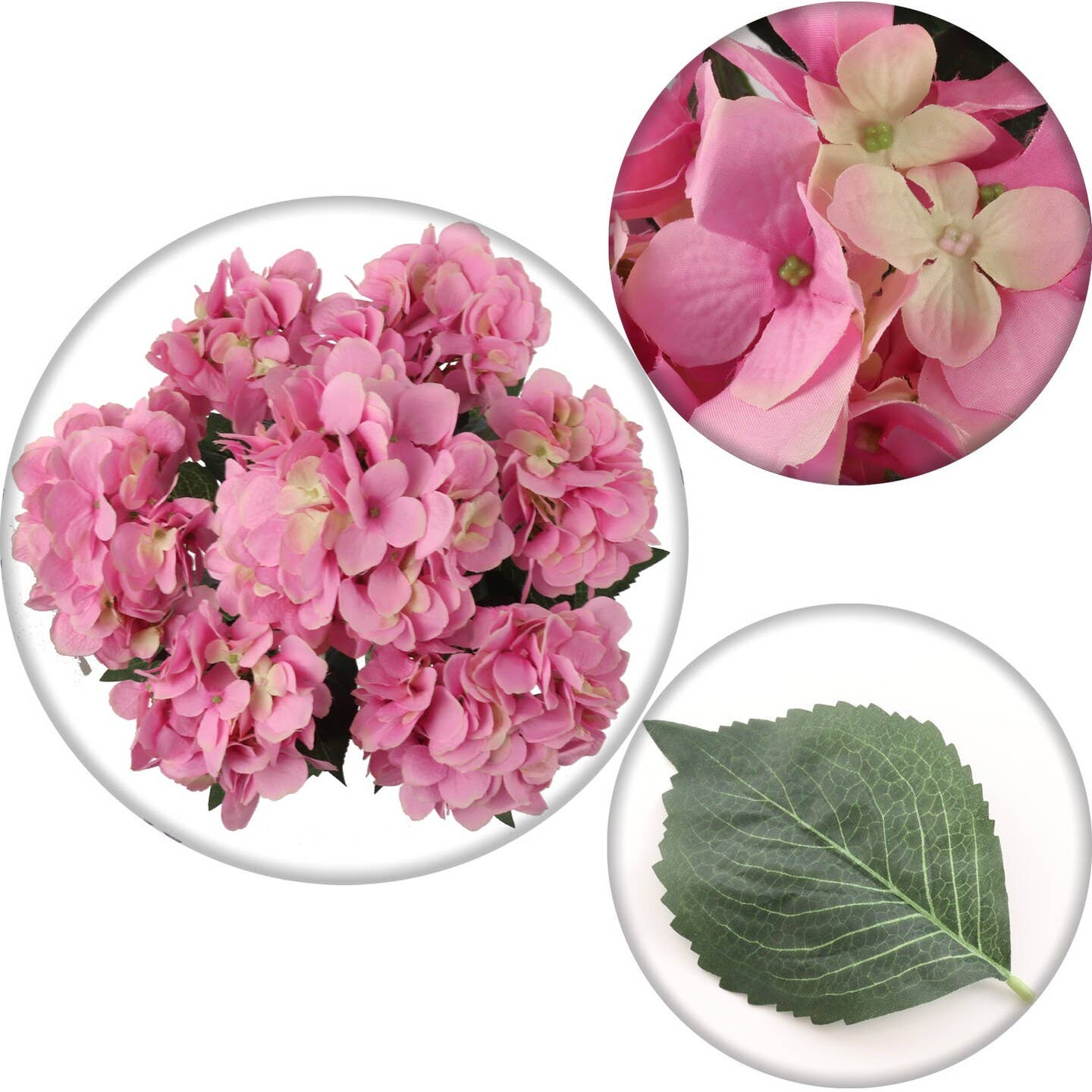 UV Pink Hydrangea Bush with 7 Silk Flowers & Foliage