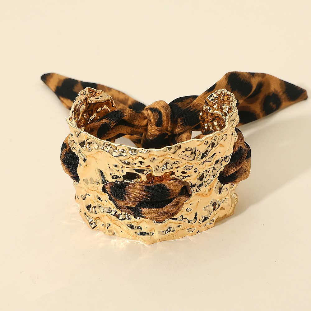 Leopard Print Fabric Scarf Bold Hammered Metal Cuff Bracelet