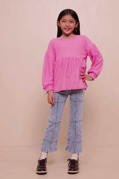 Girls Textured Crushed Rib Puff Sleeve Peplum Knit Top