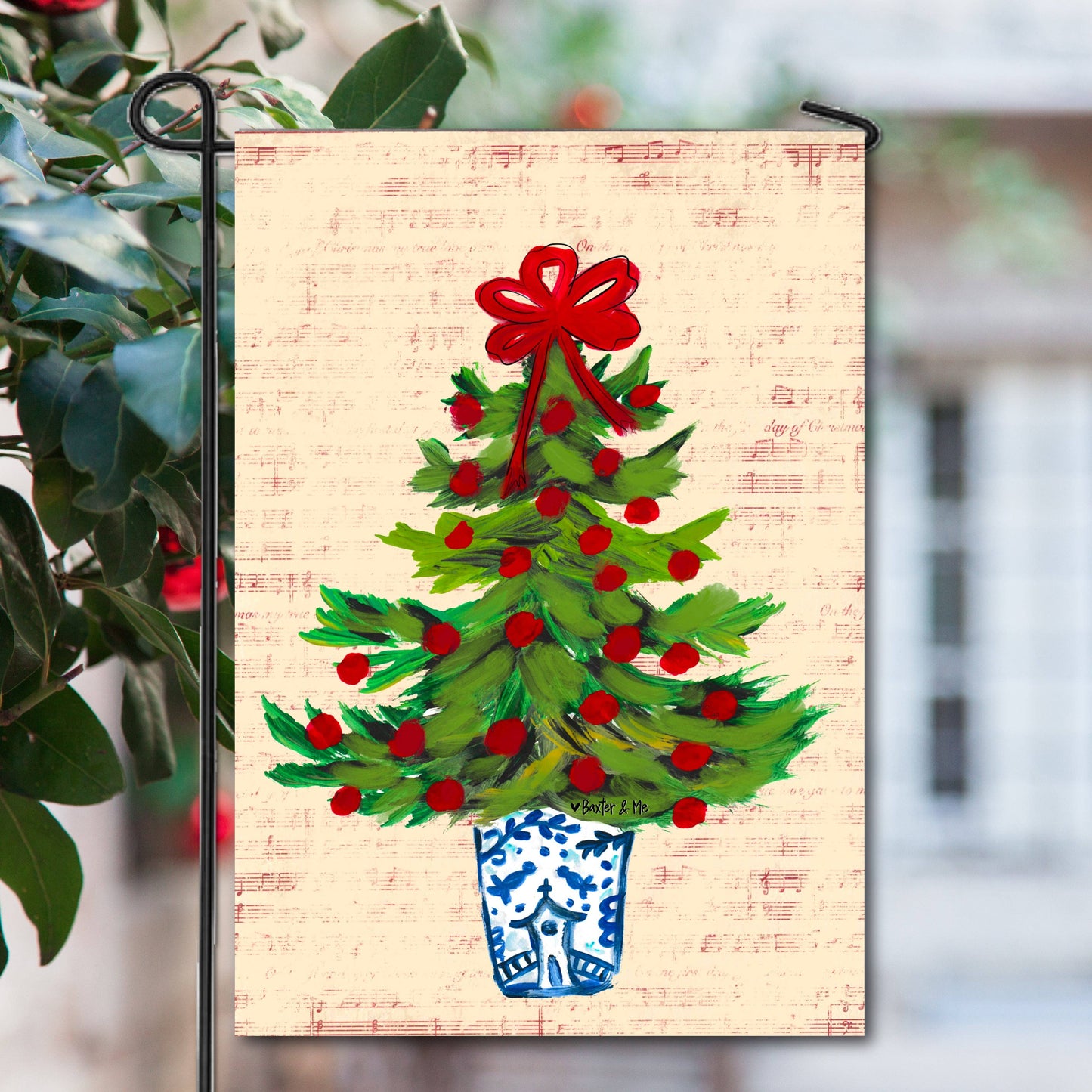 Blue Willow Red Ribbon Tree Garden Flag