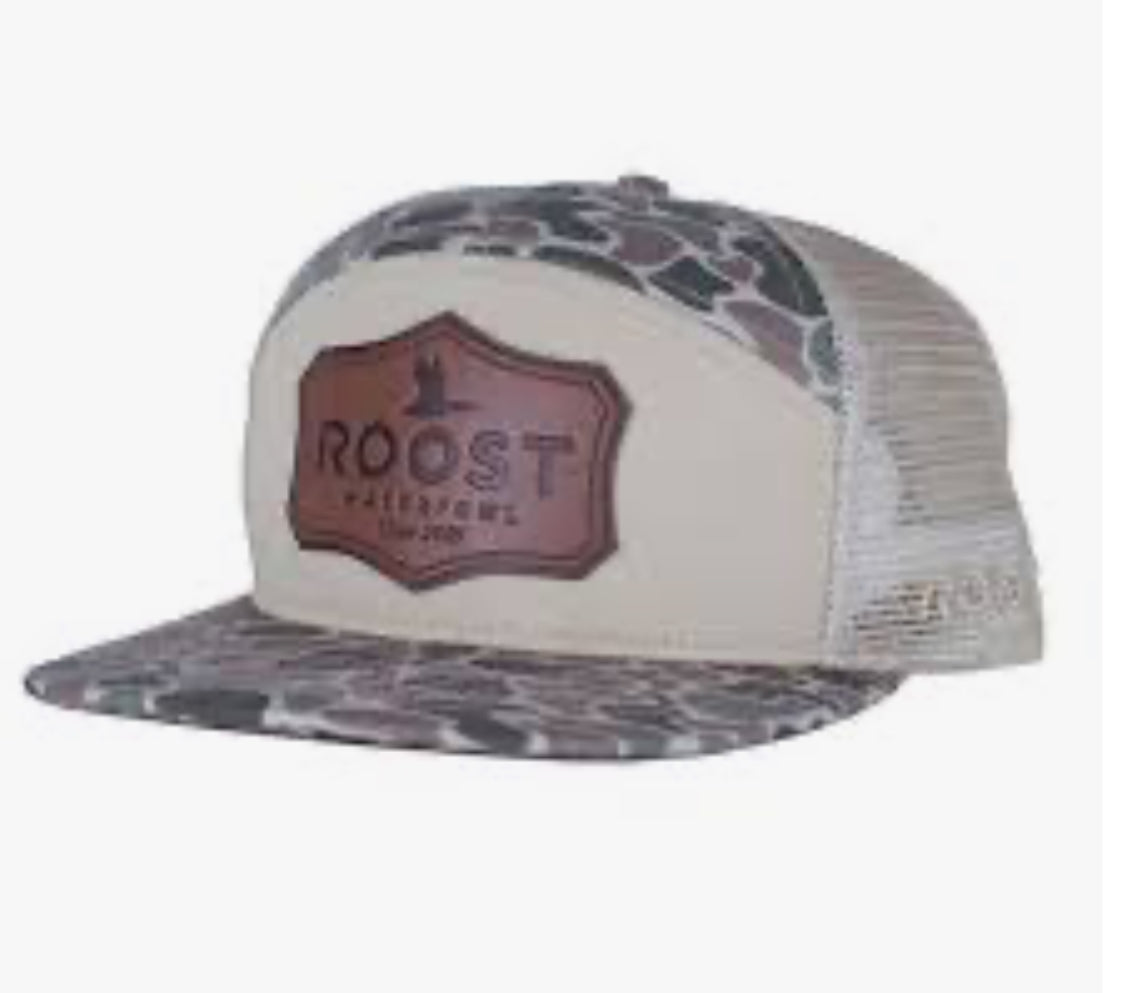 Roost camo 7 panel shield leather patch hat