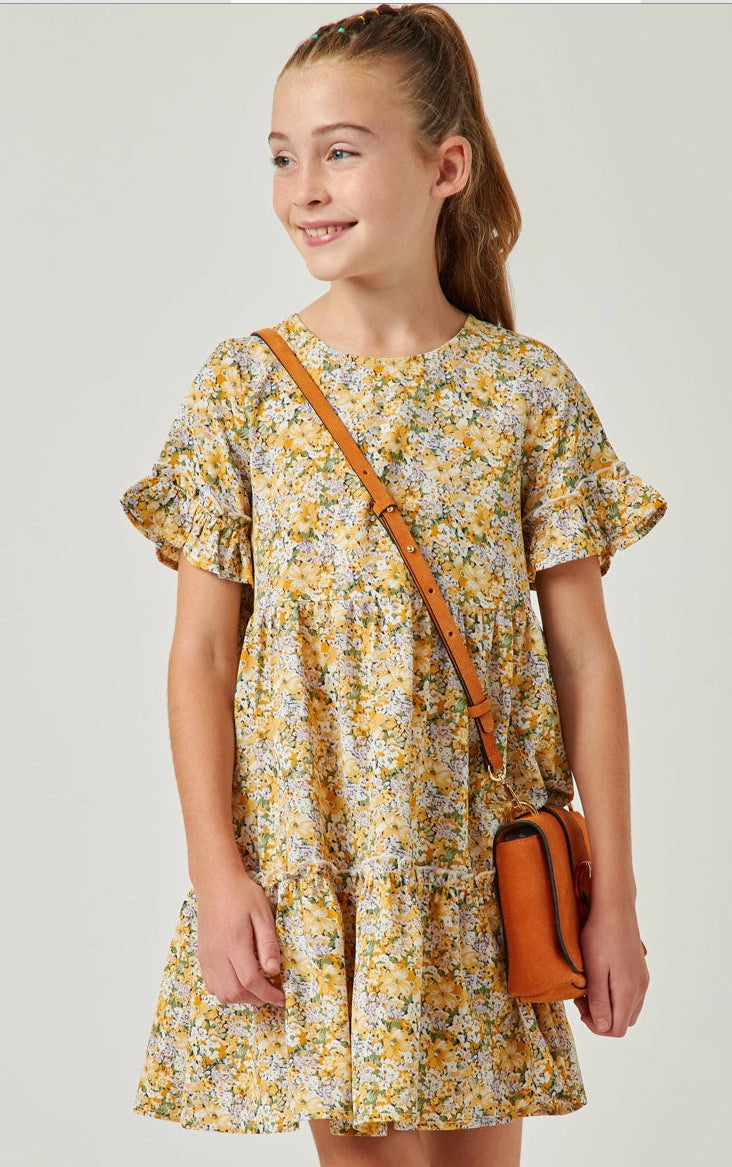 Girls Floral Print Round Neck Ruffle Sleeve Dress