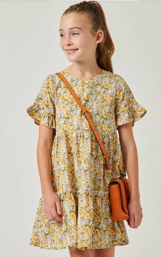 Girls Floral Print Round Neck Ruffle Sleeve Dress