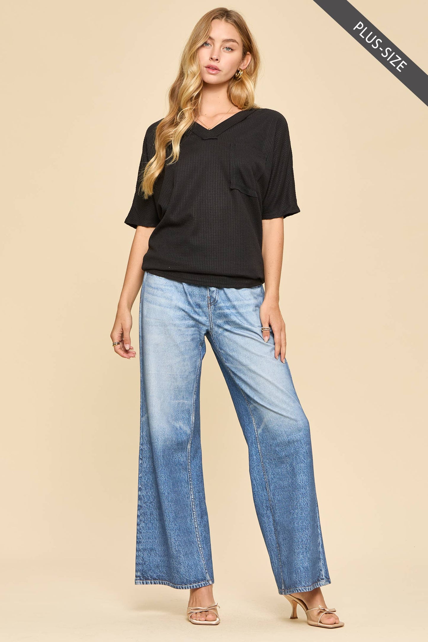 PLUS SIZE Two Tone Waffle Knit Top