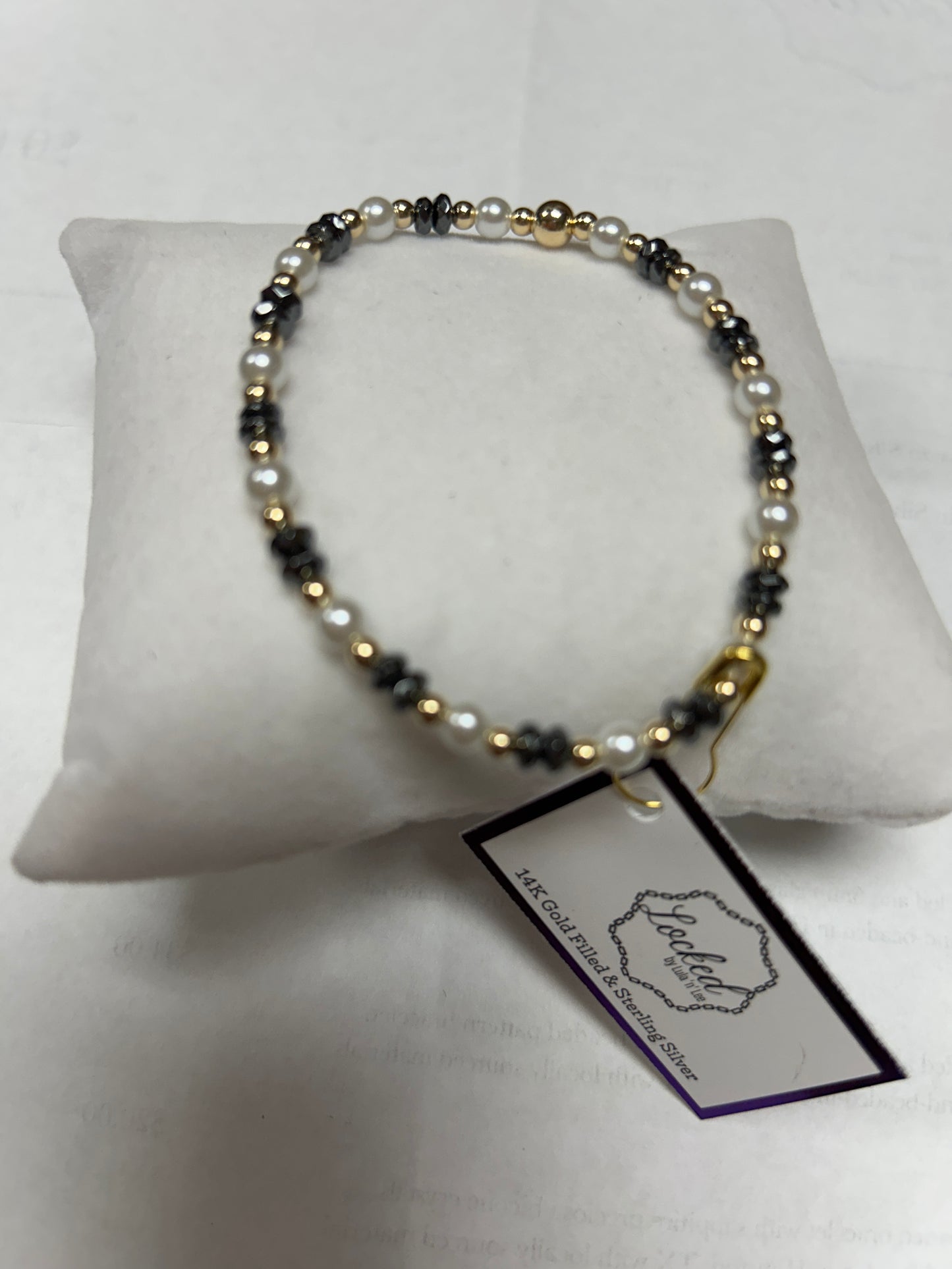 Gold Filled, Dark Hematite, & Pearl Beaded Bracelet