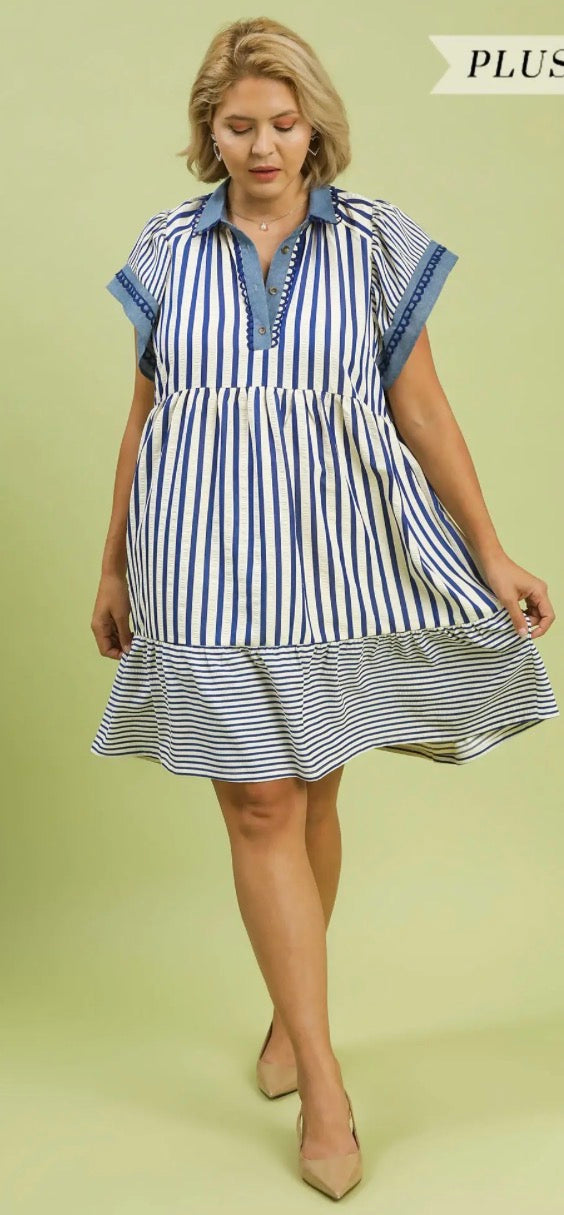 Plus Mixed Stripe Flutter Sleeve Tiered Babydoll Top