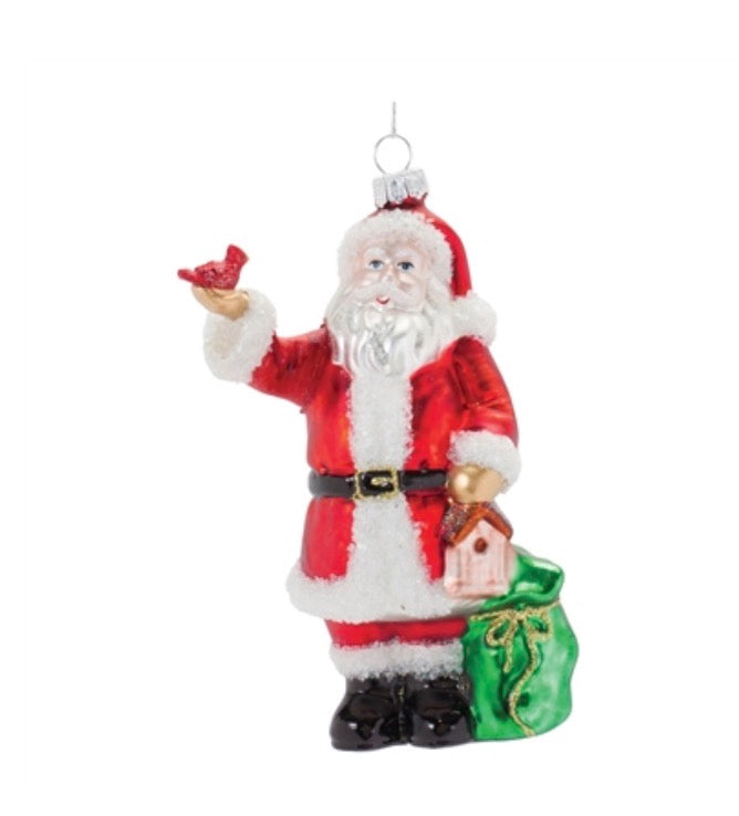 SANTA with CARDINAL ORNAMENT 6.25”H GLASS