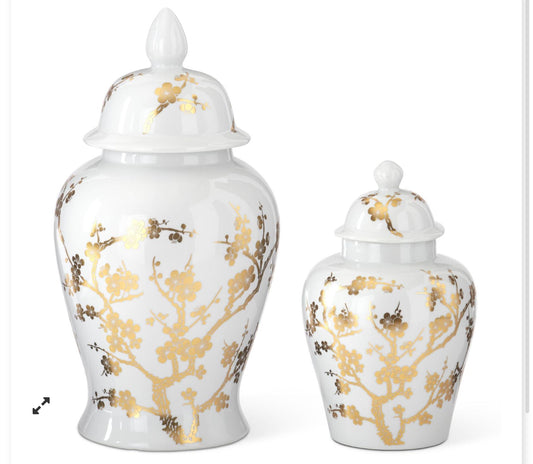 White & Gold Chinoiserie Vases w/Lid