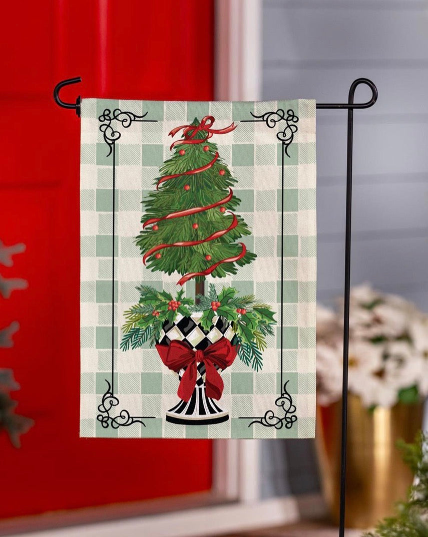 Christmas Checkered Topiary Burlap Garden Flag