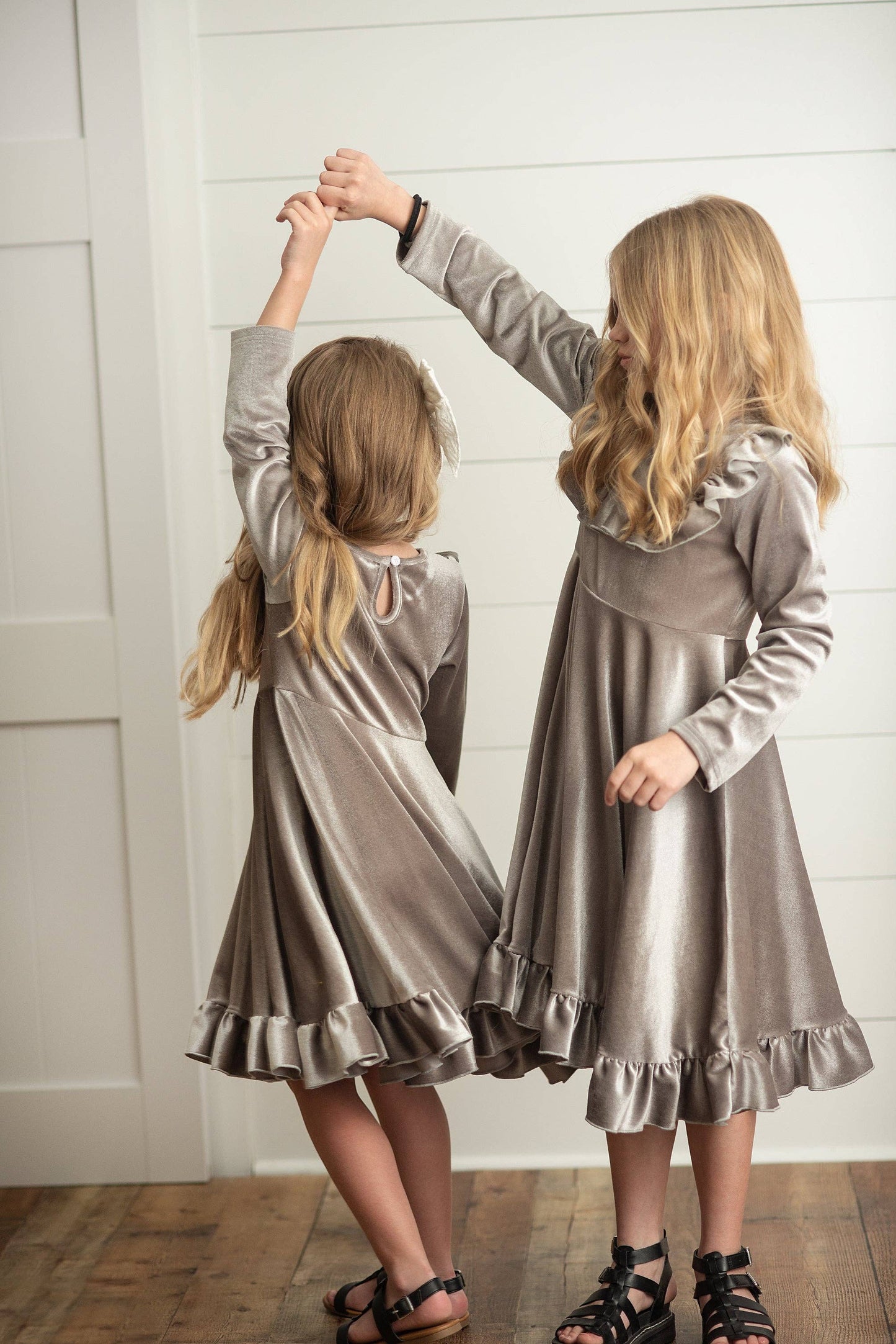 Kids Gray Silver Velvet Ruffle Fancy Christmas Party Dress