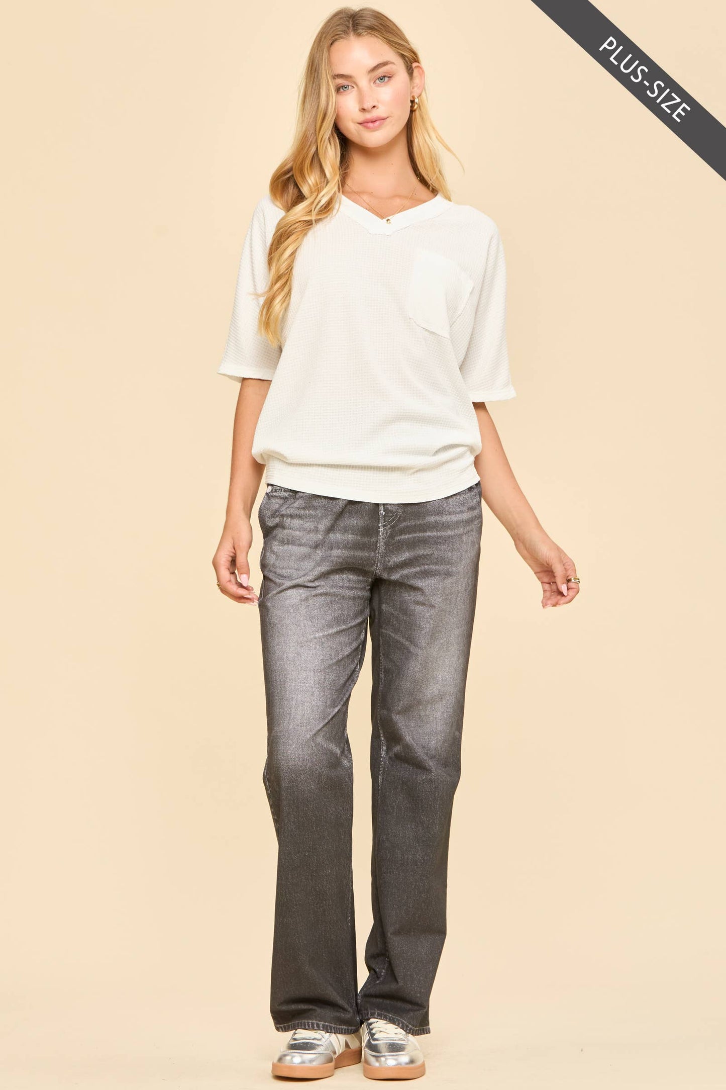 PLUS SIZE Two Tone Waffle Knit Top