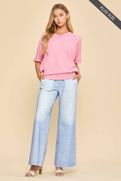 PLUS SIZE Two Tone Waffle Knit Top