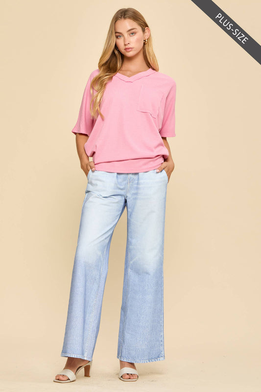 PLUS SIZE Two Tone Waffle Knit Top