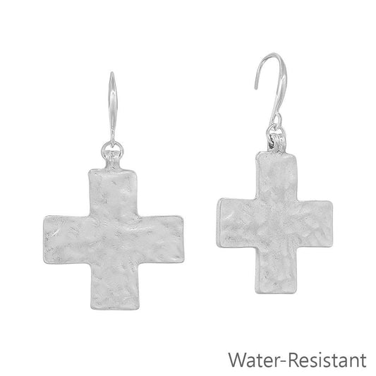 Water Resistant 1.5" Silver Hammered Cross Metal Earring