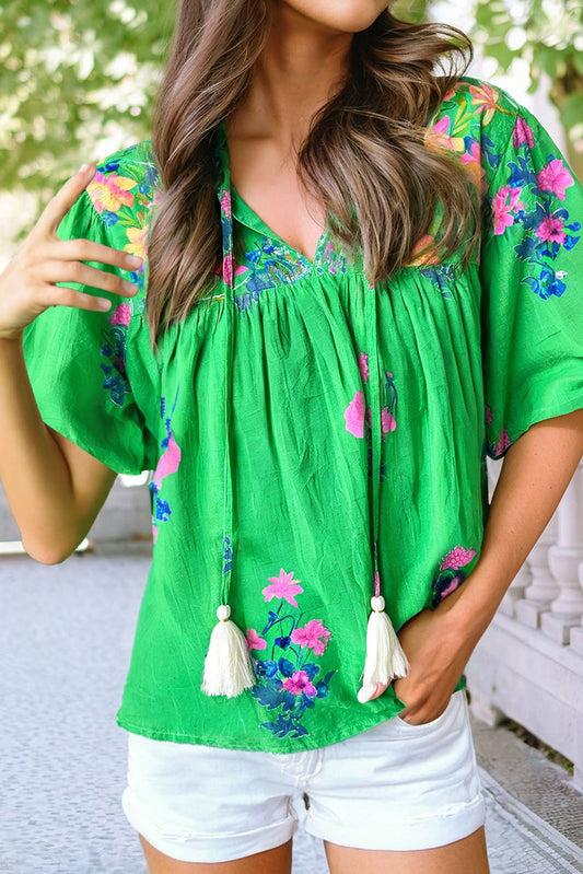 LDC Floral Detail Tie Split Neck Short Sleeve Blouse