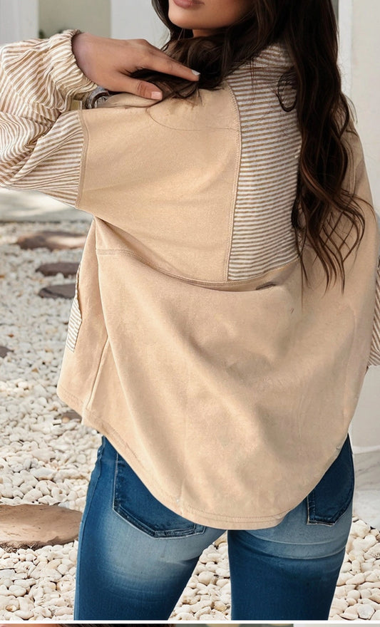 Striped Collared Zipper Long Sleeve Blouse