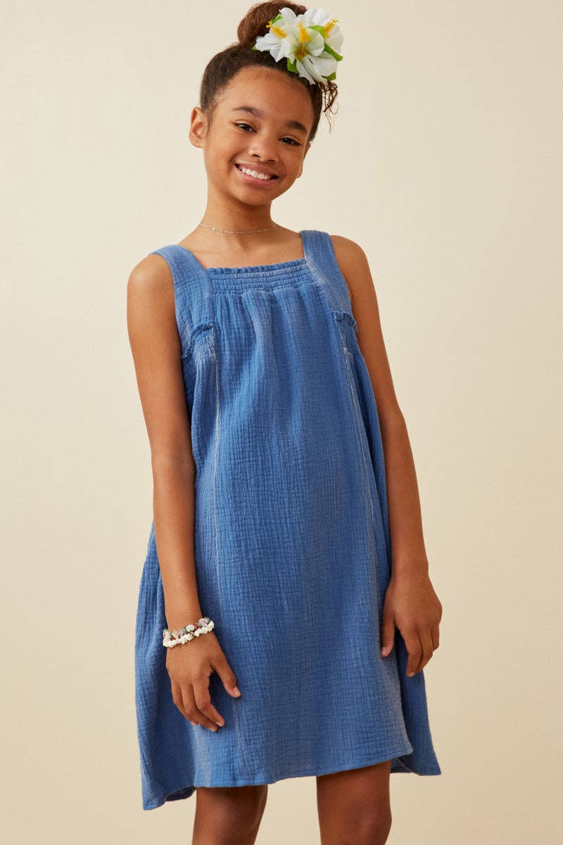Girls Washed Textured Smock Detail Tank Dress