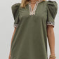 Solid pleated short puff sleeve mini dress