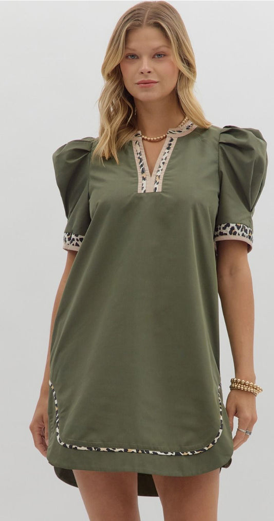 Solid pleated short puff sleeve mini dress