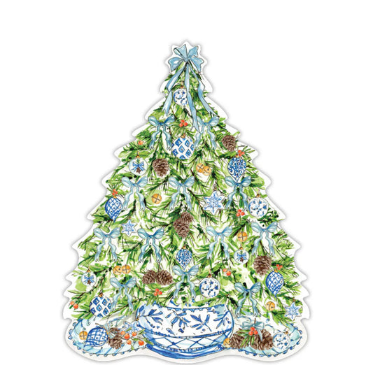 Set of 10 paper placemats hand painted  Christmas tree with blue ribbon and bow