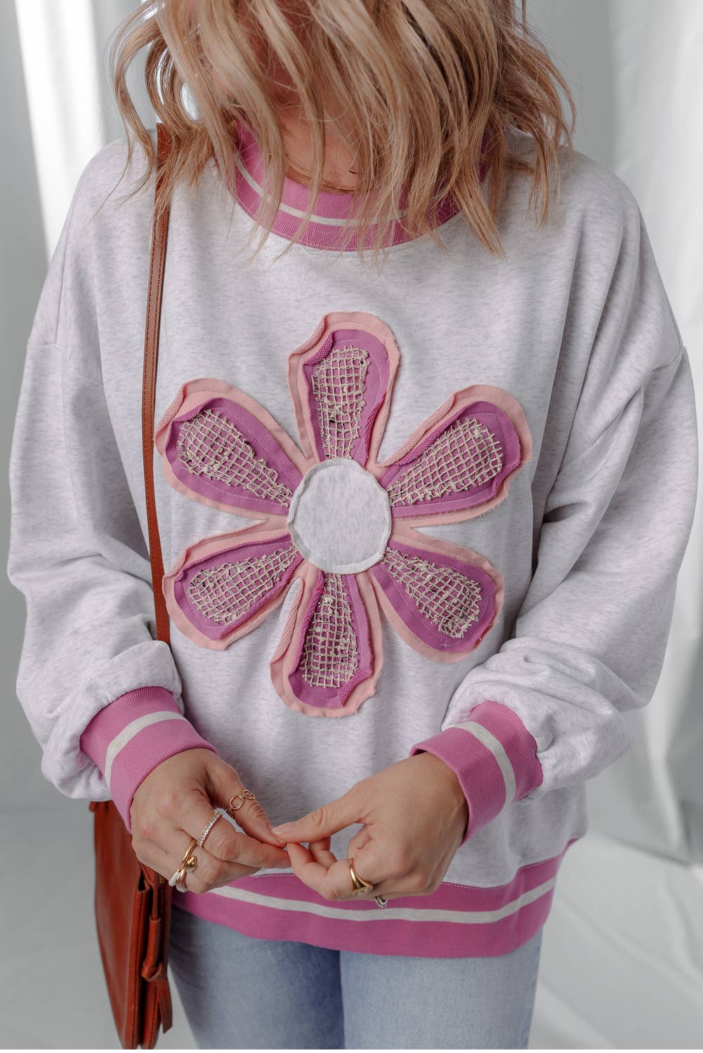 LDC Flower Patch Contrast Trim Crew Neck Sweatshirt