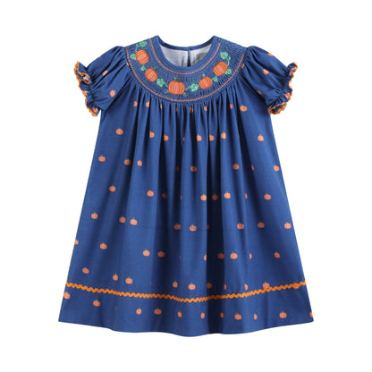 Blue Pumpkin Print Knit Smocked Bishop Dress