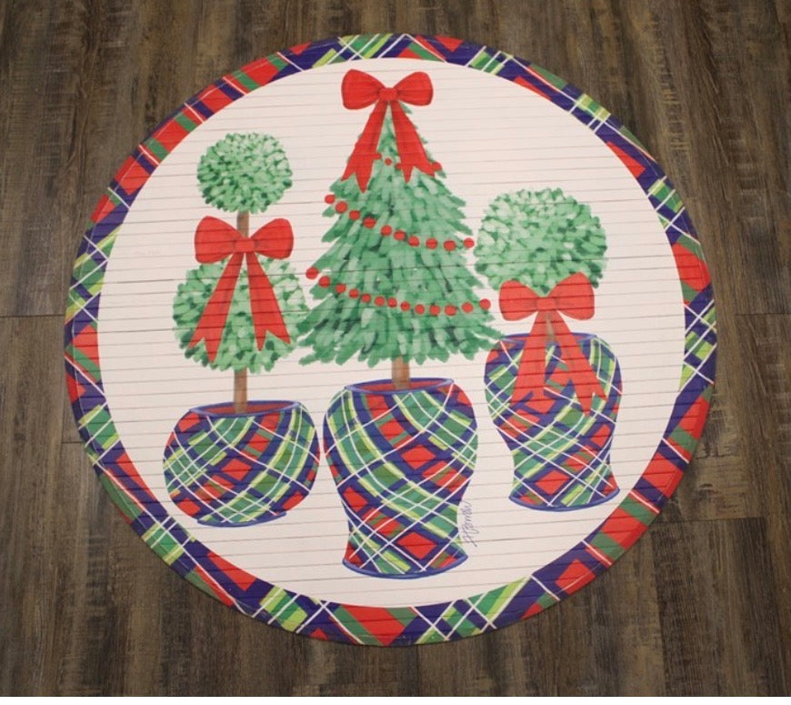 35" Bamboo Mat, Topiaries in Plaid Pots