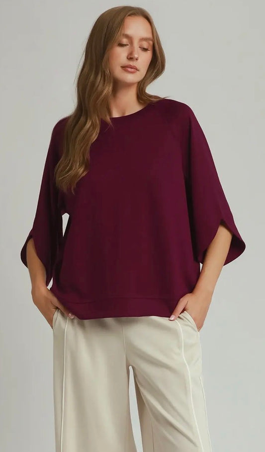 LUXEKNIT Round Hem Raglan Sleeve Top in Merlot