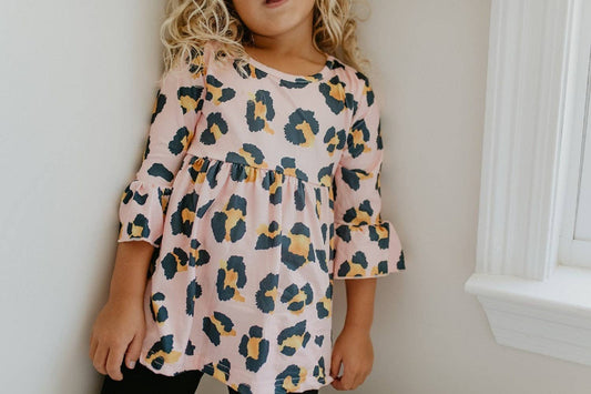 Kids Fall Winter Pink Leopard Ruffle Sleeve Shirt Blouse