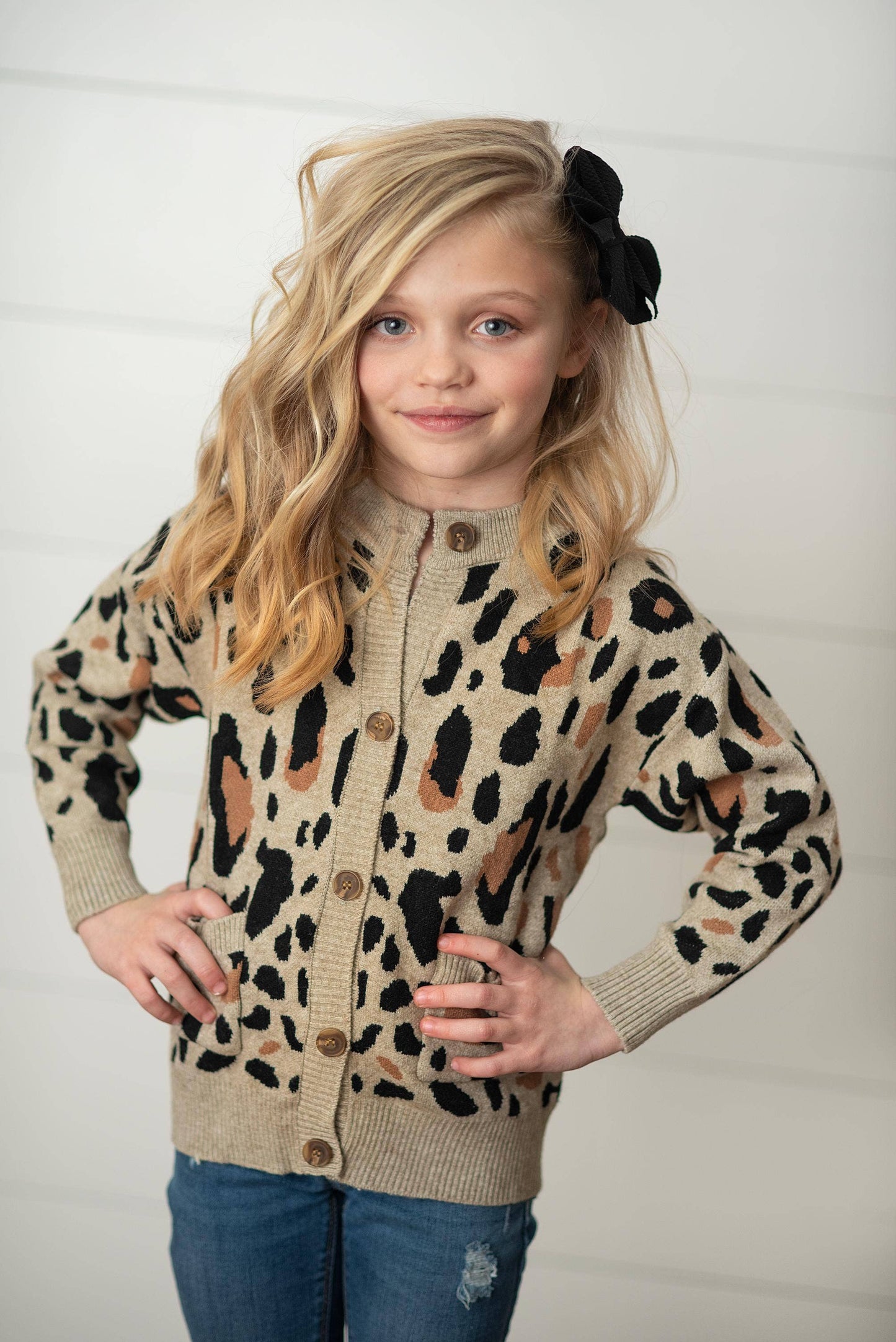 Kids Leopard Button Pocket Cardigan Fall Winter Sweater