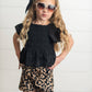 Kids Black Shirred Top & Leopard Print Bow Spring Short Set