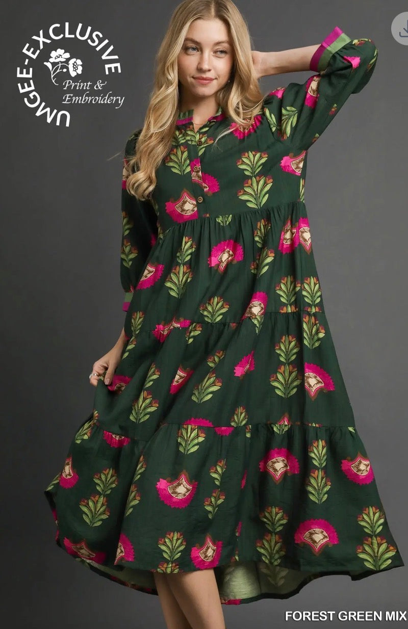Forest green  floral print tiered midi dress